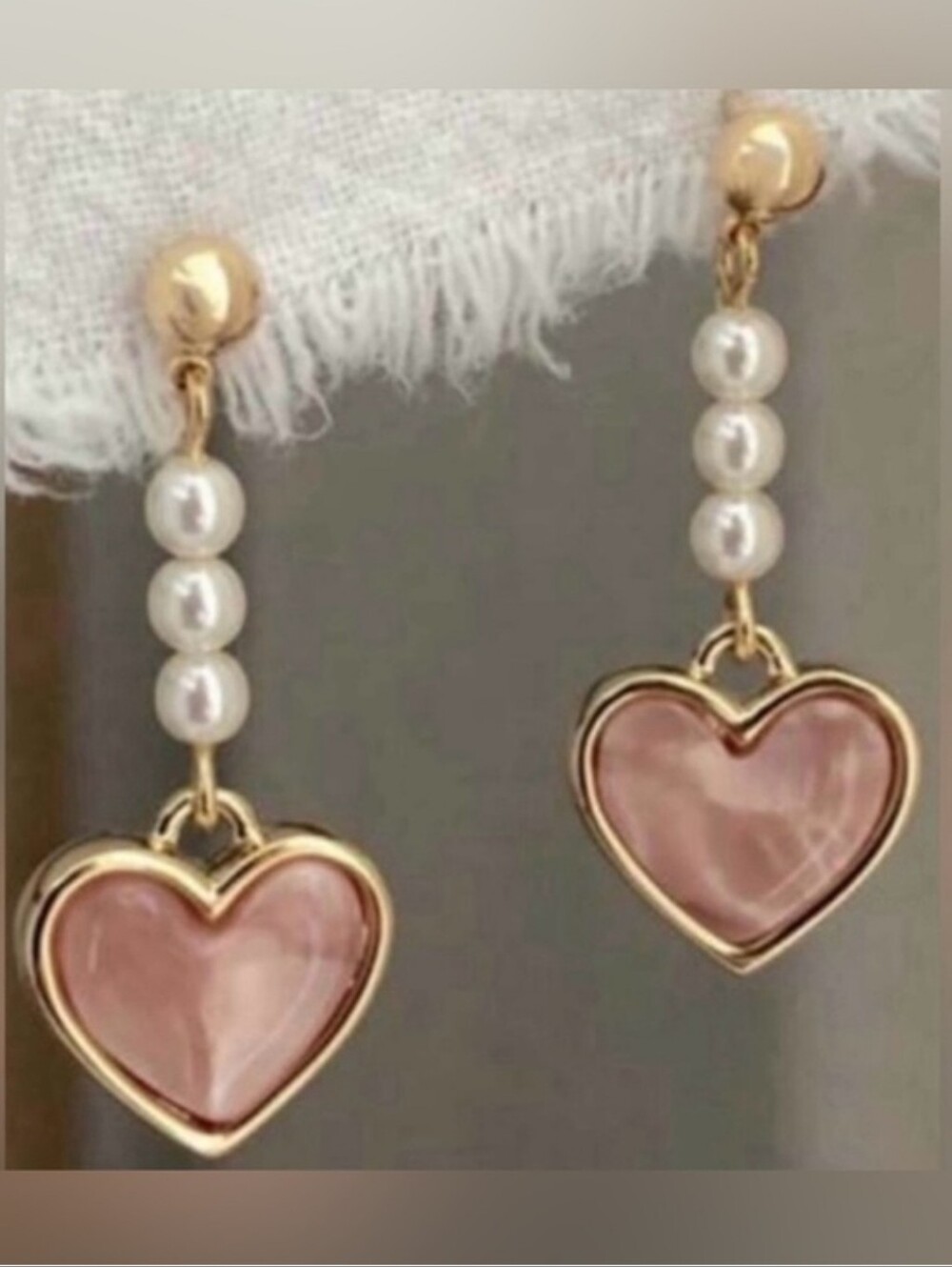 Elegant Gold Pearl Drop Earrings with Pink Heart Charm - Women Jewelry